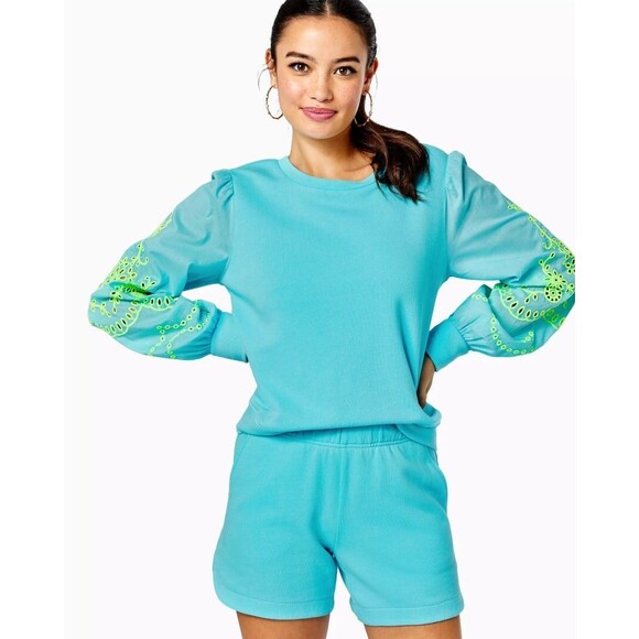 Lilly Pulitzer Alla Terry Sweatshirt Top Eyelet Embroidered Oversized XS 266822 - Picture 3 of 15